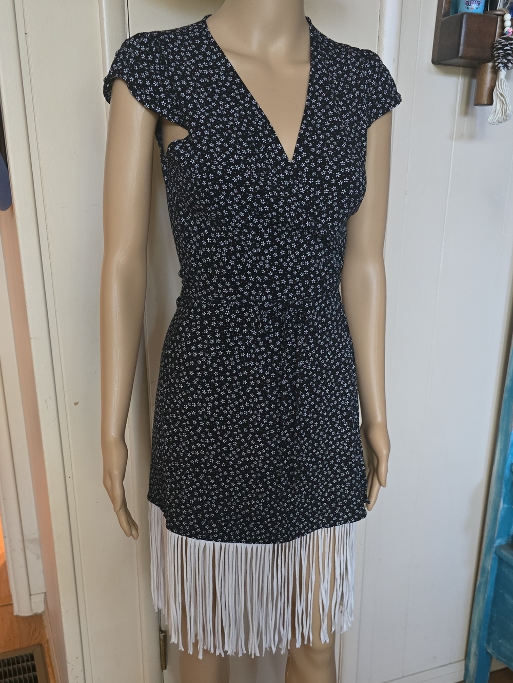 Handmade Upcycled Black Wrap-around  Fringe Hem Dress